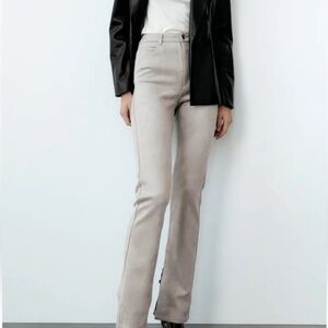 ZARA Taupe Faux Suede Trousers Ladies Slim Fit‎ Flared Side Vent Pants